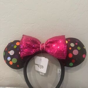 Disney Parks Minnie Mouse Black Polka Dot Ears Pink Sequin Bow Headband